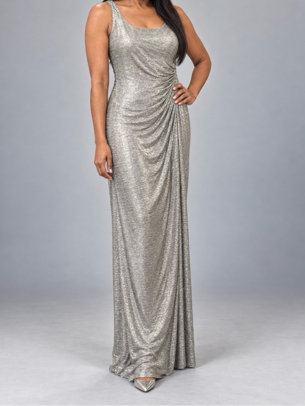 Adrianna Papell Light Gold Foil Textured Sleeveless Maxi Dress